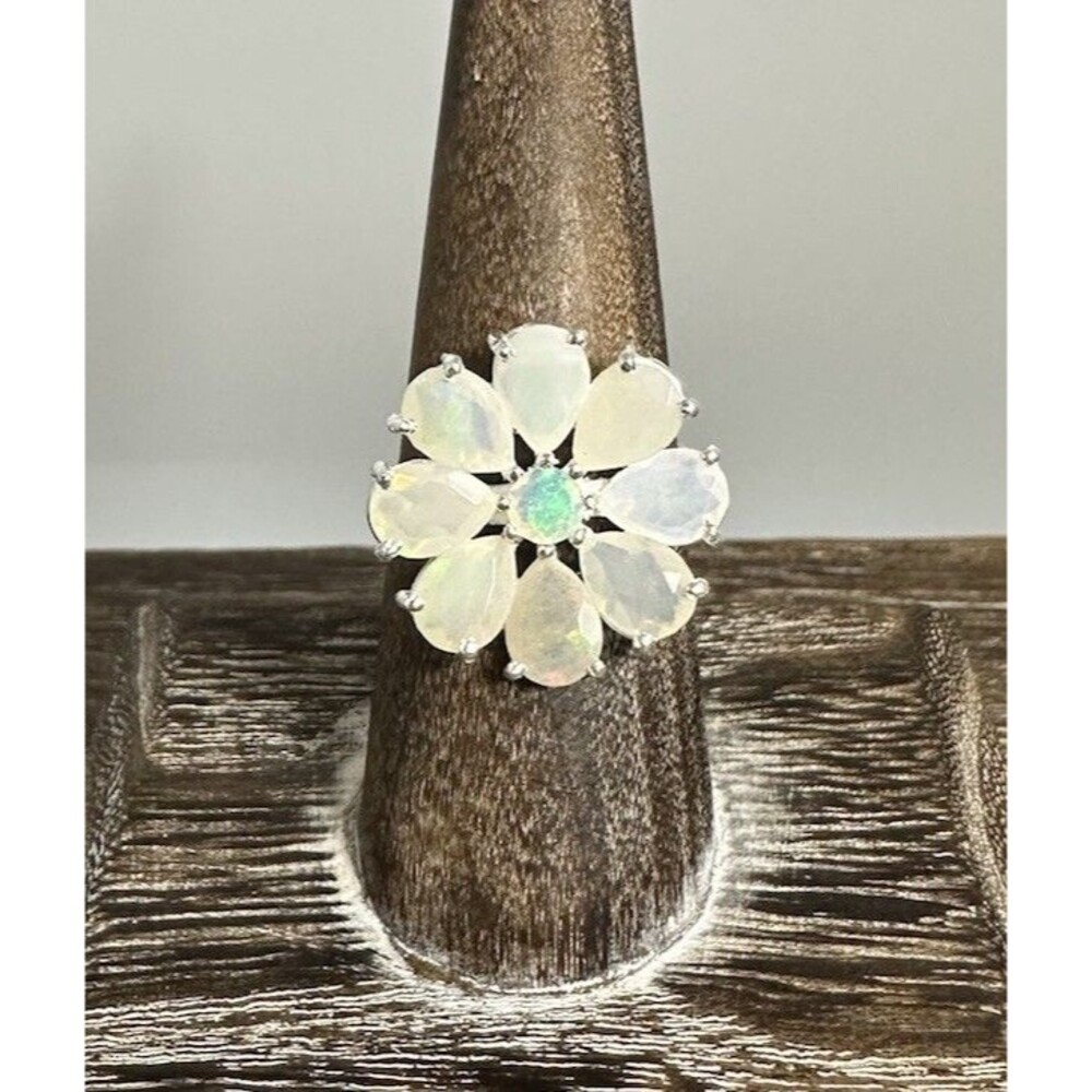 Handmade 925 Sterling Silver Ethiopian Opal Flower Boho Ring Sz 7.75